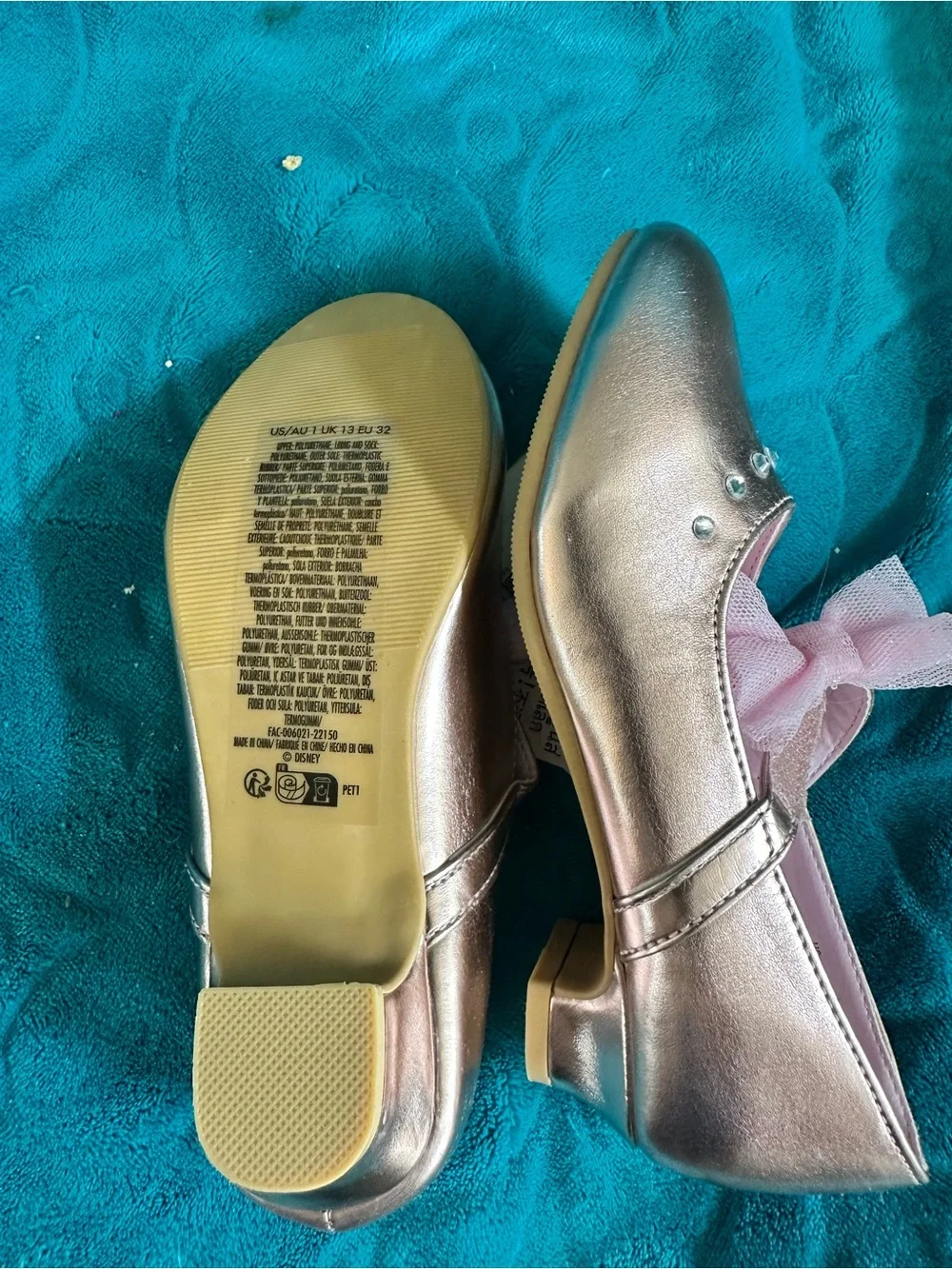Disney Princess Rose Gold Mary Jane Shoes with Pink Bow sz 1